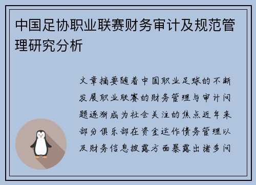 中国足协职业联赛财务审计及规范管理研究分析 中国足协职业联赛财务审计及规范管理研究分析