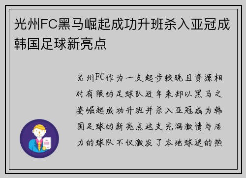 光州FC黑马崛起成功升班杀入亚冠成韩国足球新亮点